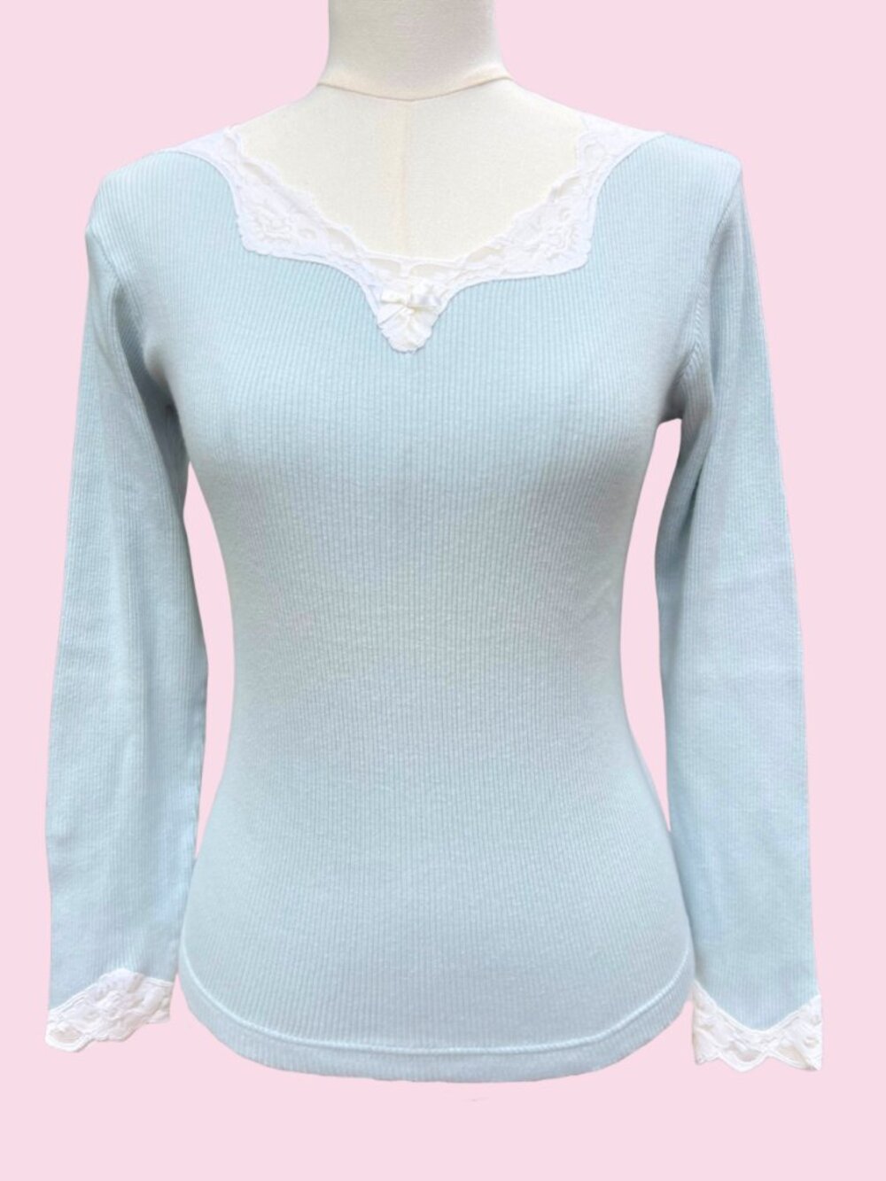 Women's Light Blue Lace-Trim Long Sleeve Top